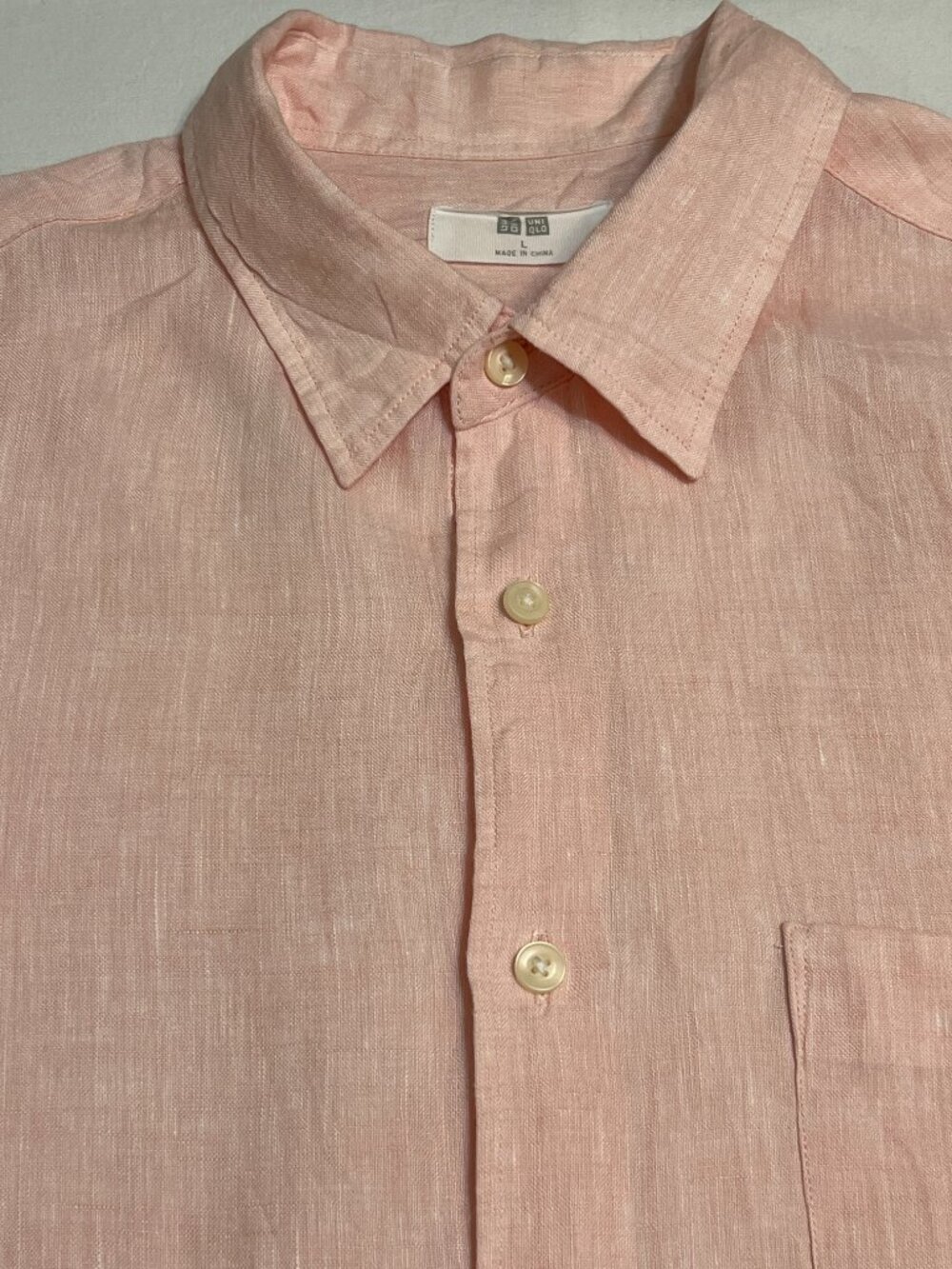 Uniqlo 100% Linen Button Up Shirt Pink Long Sleeve Men’s Size L Lightweight - Picture 3 of 9